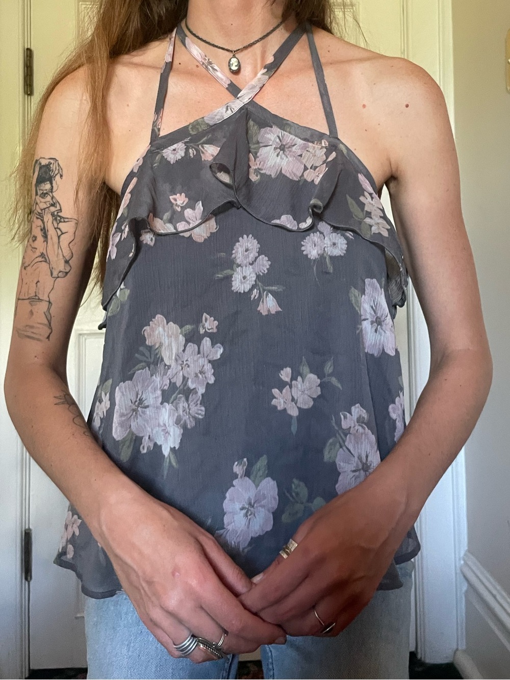 Floral Ruffle Halter Tank Top - Gray